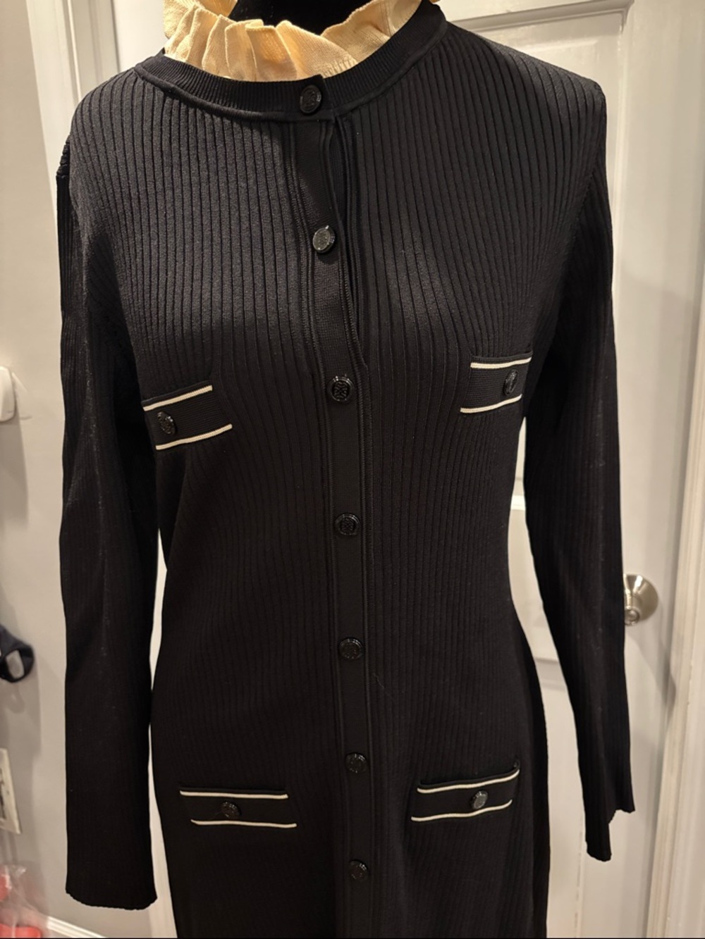 Sandro Black Ribbed Midi Dress with Cream Trim